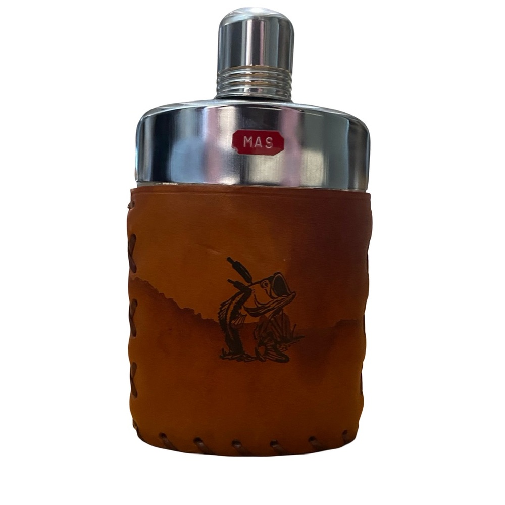 Vintage‎ 12 oz Leather bound glass Flask-engraved bass fish motif